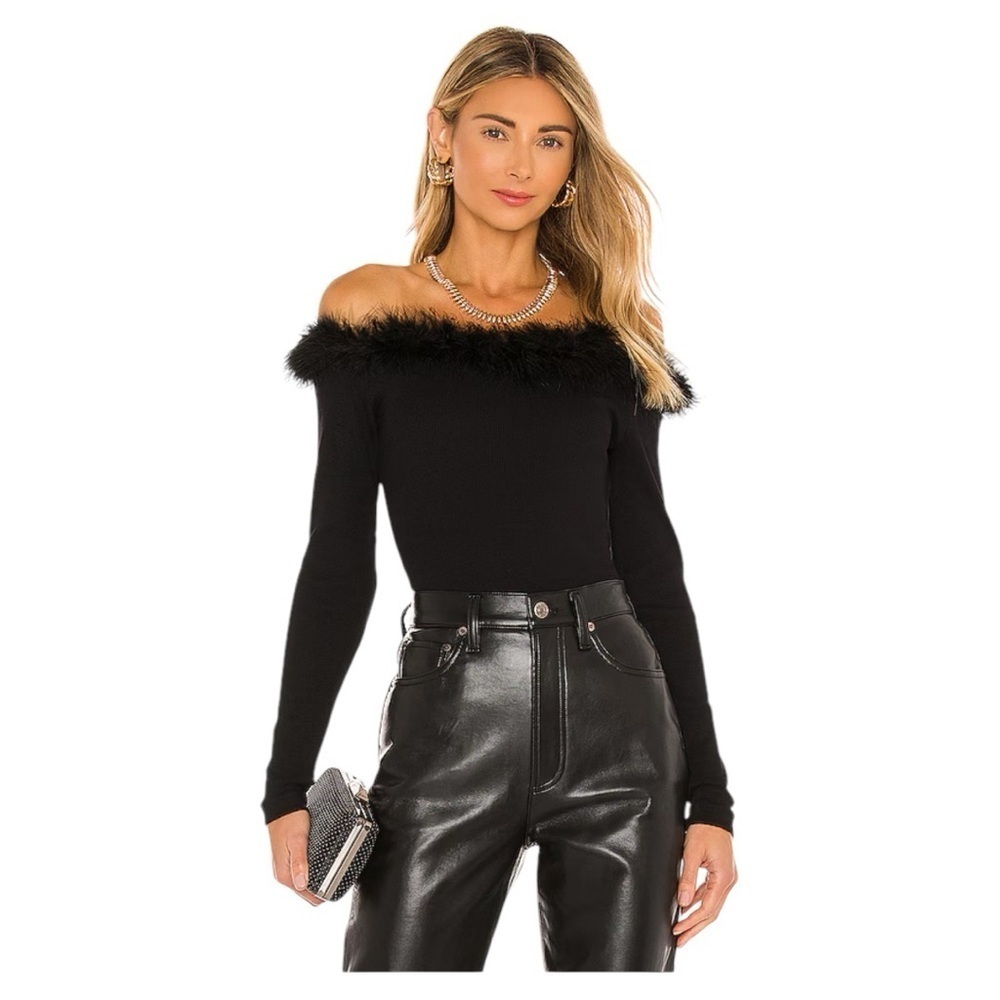 NWT OW Collection Miranda Feather Bodysuit in Black